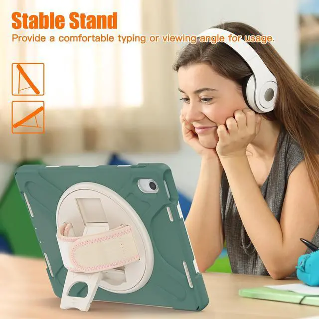 Alt view image 4 of 7 - iPad 10th Generation Case 2022 10.9 Inch Model A2696 A2757 A2777 Shockproof Cover with Pencil Holder Stand Hand Strap Shoulder Belt Dark Green