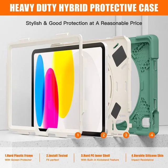 Alt view image 7 of 7 - iPad 10th Generation Case 2022 10.9 Inch Model A2696 A2757 A2777 Shockproof Cover with Pencil Holder Stand Hand Strap Shoulder Belt Dark Green