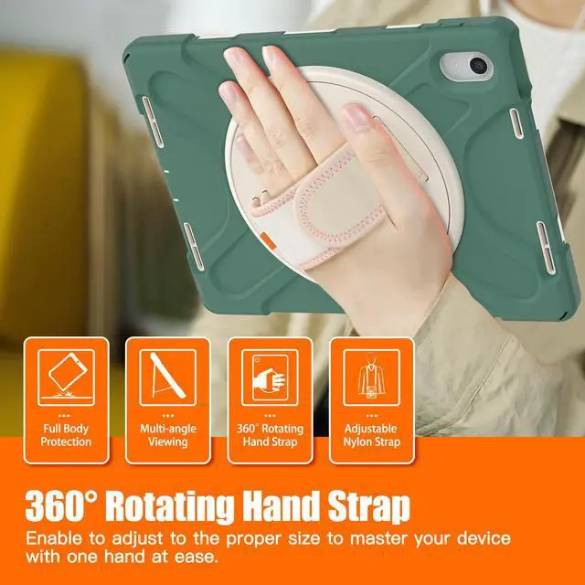 Alt view image 6 of 7 - iPad 10th Generation Case 2022 10.9 Inch Model A2696 A2757 A2777 Shockproof Cover with Pencil Holder Stand Hand Strap Shoulder Belt Dark Green