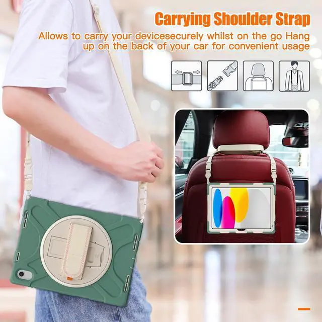 Alt view image 5 of 7 - iPad 10th Generation Case 2022 10.9 Inch Model A2696 A2757 A2777 Shockproof Cover with Pencil Holder Stand Hand Strap Shoulder Belt Dark Green