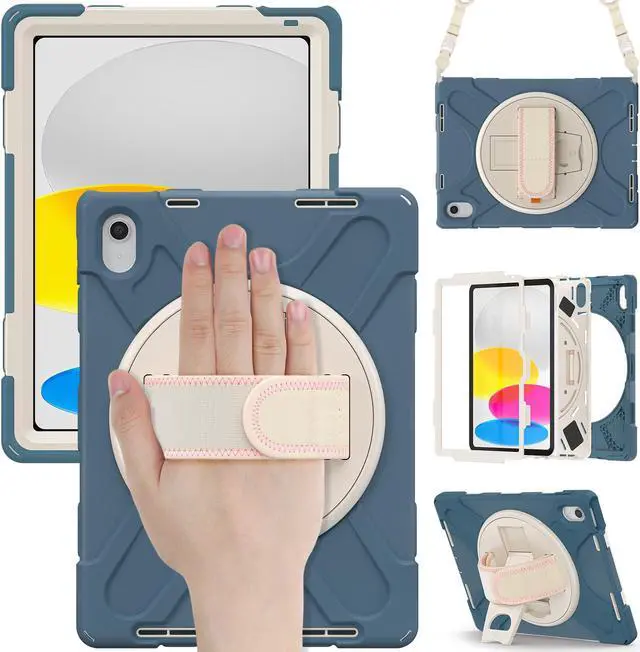 Main image of iPad 10th Generation Case 2022 10.9 Inch Model A2696 A2757 A2777 Shockproof Cover with Pencil Holder Stand Hand Strap Shoulder Belt Dark Blue