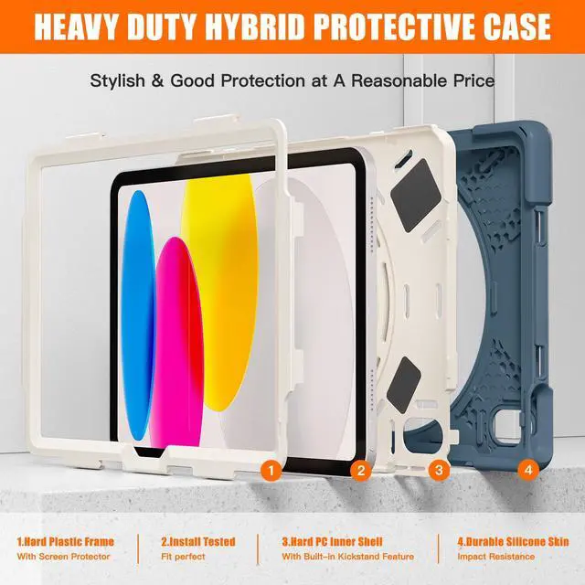 Alt view image 2 of 7 - iPad 10th Generation Case 2022 10.9 Inch Model A2696 A2757 A2777 Shockproof Cover with Pencil Holder Stand Hand Strap Shoulder Belt Dark Blue