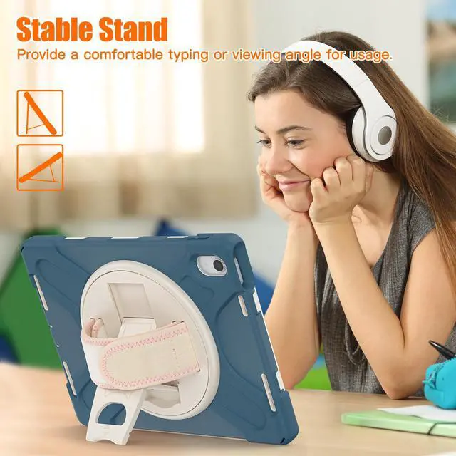 Alt view image 5 of 7 - iPad 10th Generation Case 2022 10.9 Inch Model A2696 A2757 A2777 Shockproof Cover with Pencil Holder Stand Hand Strap Shoulder Belt Dark Blue