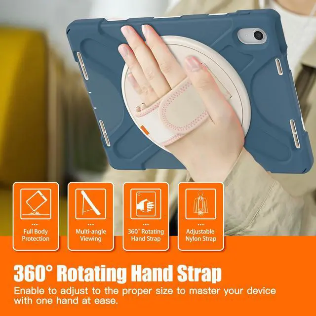 Alt view image 7 of 7 - iPad 10th Generation Case 2022 10.9 Inch Model A2696 A2757 A2777 Shockproof Cover with Pencil Holder Stand Hand Strap Shoulder Belt Dark Blue