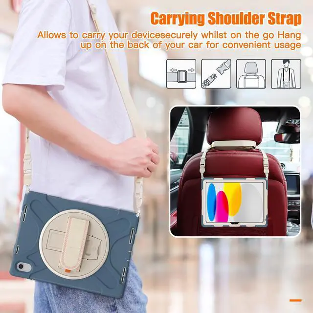 Alt view image 6 of 7 - iPad 10th Generation Case 2022 10.9 Inch Model A2696 A2757 A2777 Shockproof Cover with Pencil Holder Stand Hand Strap Shoulder Belt Dark Blue