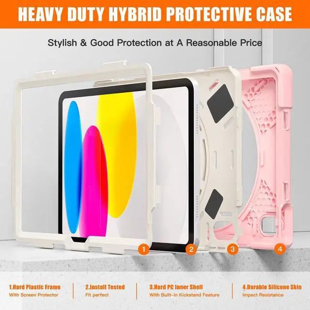 Alt view image 2 of 7 - iPad 10th Generation Case 2022 10.9 Inch Model A2696 A2757 A2777 Shockproof Cover with Pencil Holder Stand Hand Strap Shoulder Belt Pink