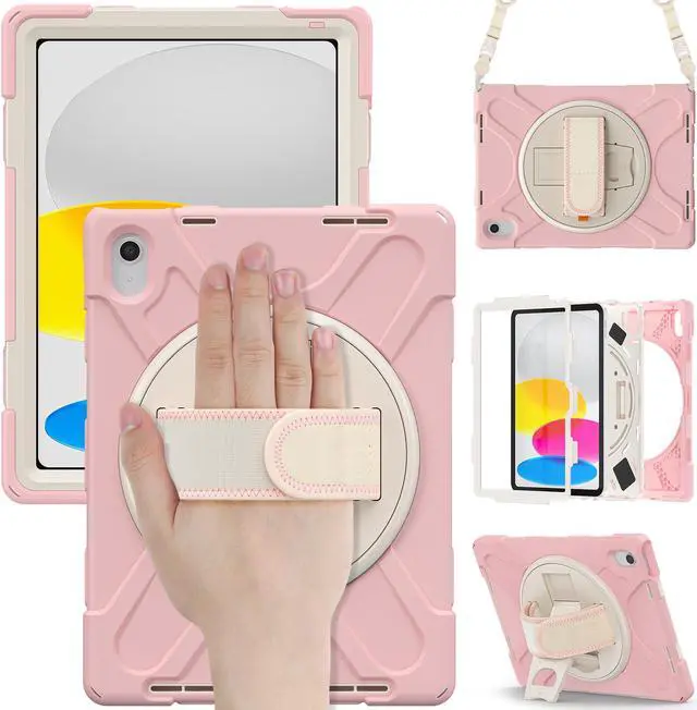 Main image of iPad 10th Generation Case 2022 10.9 Inch Model A2696 A2757 A2777 Shockproof Cover with Pencil Holder Stand Hand Strap Shoulder Belt Pink