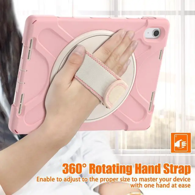 Alt view image 6 of 7 - iPad 10th Generation Case 2022 10.9 Inch Model A2696 A2757 A2777 Shockproof Cover with Pencil Holder Stand Hand Strap Shoulder Belt Pink