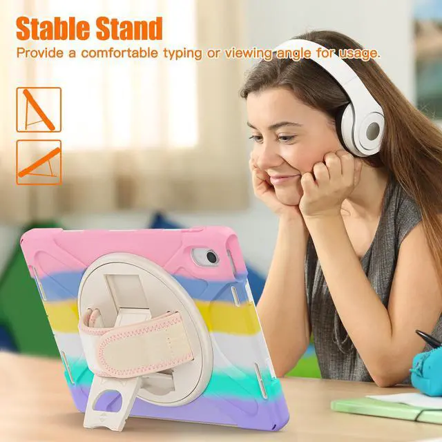 Alt view image 4 of 7 - iPad 10th Generation Case 2022 10.9 Inch Model A2696 A2757 A2777 Shockproof Cover with Pencil Holder Stand Hand Strap Shoulder Belt Pink/White