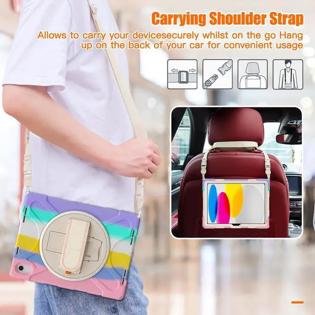 Alt view image 5 of 7 - iPad 10th Generation Case 2022 10.9 Inch Model A2696 A2757 A2777 Shockproof Cover with Pencil Holder Stand Hand Strap Shoulder Belt Pink/White
