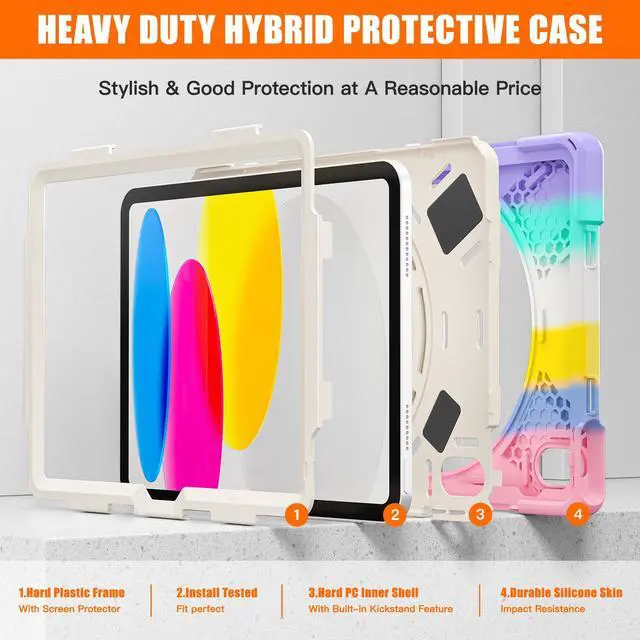Alt view image 2 of 7 - iPad 10th Generation Case 2022 10.9 Inch Model A2696 A2757 A2777 Shockproof Cover with Pencil Holder Stand Hand Strap Shoulder Belt Pink/White