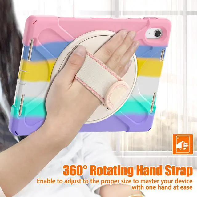 Alt view image 6 of 7 - iPad 10th Generation Case 2022 10.9 Inch Model A2696 A2757 A2777 Shockproof Cover with Pencil Holder Stand Hand Strap Shoulder Belt Pink/White