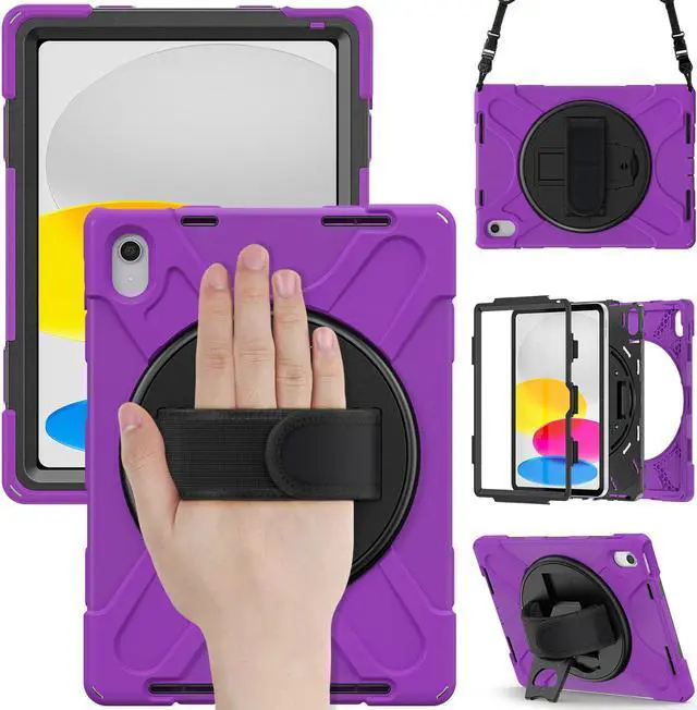 Main image of iPad 10th Generation Case 2022 10.9 Inch Model A2696 A2757 A2777 Shockproof Cover with Pencil Holder Stand Hand Strap Shoulder Belt Purple