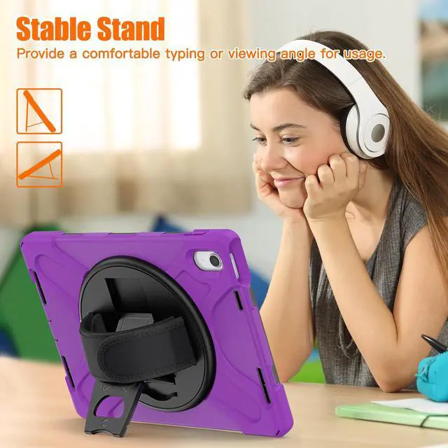 Alt view image 4 of 7 - iPad 10th Generation Case 2022 10.9 Inch Model A2696 A2757 A2777 Shockproof Cover with Pencil Holder Stand Hand Strap Shoulder Belt Purple