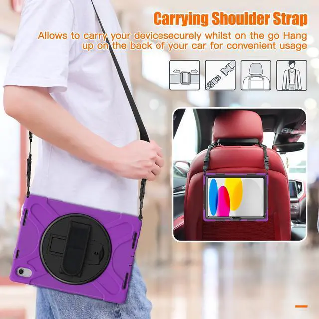 Alt view image 6 of 7 - iPad 10th Generation Case 2022 10.9 Inch Model A2696 A2757 A2777 Shockproof Cover with Pencil Holder Stand Hand Strap Shoulder Belt Purple