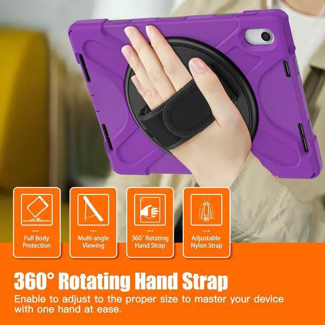 Alt view image 5 of 7 - iPad 10th Generation Case 2022 10.9 Inch Model A2696 A2757 A2777 Shockproof Cover with Pencil Holder Stand Hand Strap Shoulder Belt Purple