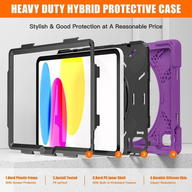 Alt view image 7 of 7 - iPad 10th Generation Case 2022 10.9 Inch Model A2696 A2757 A2777 Shockproof Cover with Pencil Holder Stand Hand Strap Shoulder Belt Purple