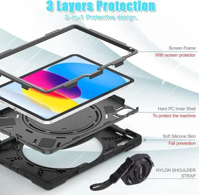 Alt view image 6 of 7 - Case for iPad 10th Generation 2022 10.9 Inch Model A2696 A2757 A2777, Rugged Heavy Duty Shockproof cover with Pencil Holder/360 Degree Kickstand/Hand Grip/Shoulder Strap