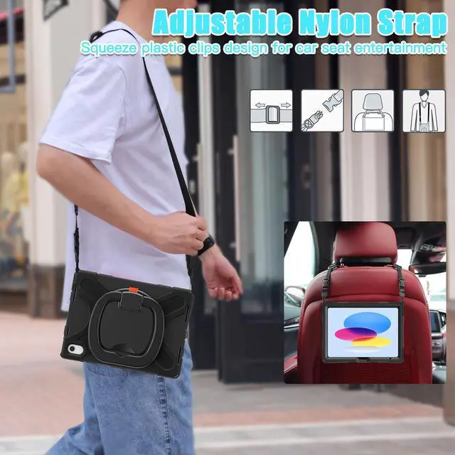 Alt view image 5 of 7 - Case for iPad 10th Generation 2022 10.9 Inch Model A2696 A2757 A2777, Rugged Heavy Duty Shockproof cover with Pencil Holder/360 Degree Kickstand/Hand Grip/Shoulder Strap
