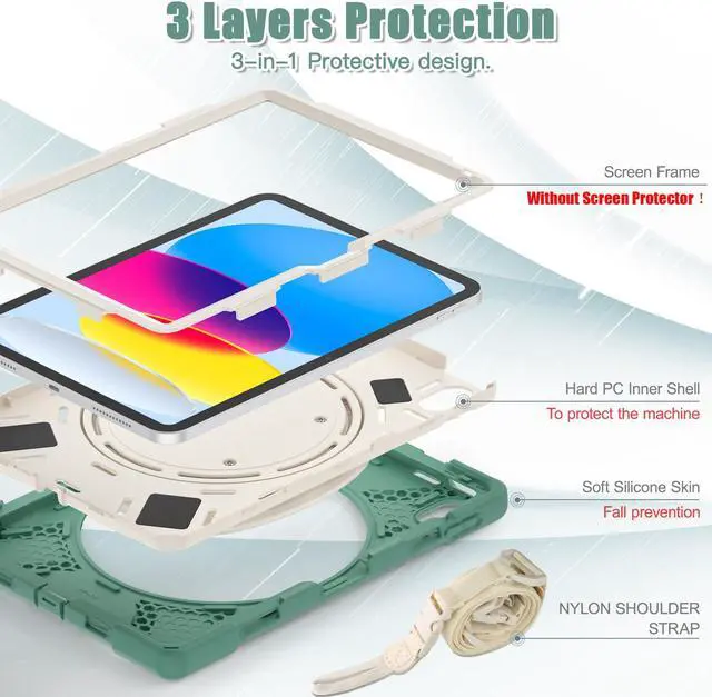 Alt view image 6 of 7 - Case for iPad 10th Generation 2022 10.9 Inch Model A2696 A2757 A2777, Rugged Heavy Duty Shockproo cover with Pencil Holder/360 Degree Kickstand/Hand Grip/Shoulder Strap