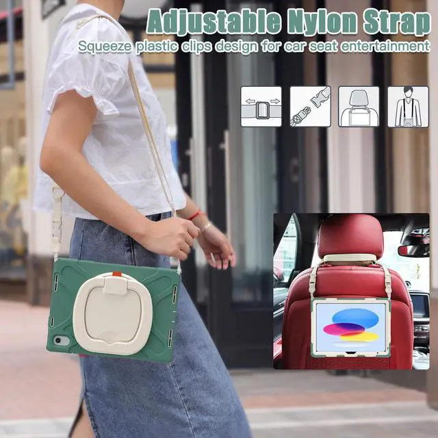 Alt view image 5 of 7 - Case for iPad 10th Generation 2022 10.9 Inch Model A2696 A2757 A2777, Rugged Heavy Duty Shockproo cover with Pencil Holder/360 Degree Kickstand/Hand Grip/Shoulder Strap