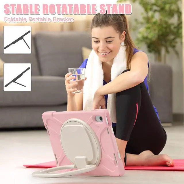 Alt view image 4 of 7 - Case for iPad 10th Generation 2022 10.9 Inch Model A2696 A2757 A2777, Rugged Heavy Duty Case with Pencil Holder/360 Degree Kickstand/Hand Strap/Shoulder Strap Pink