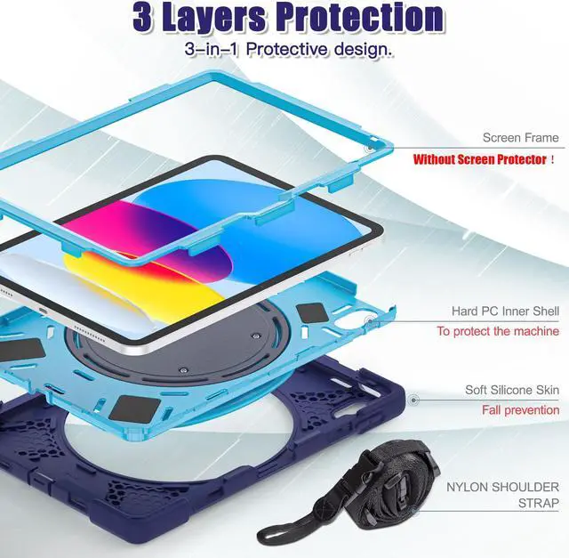 Alt view image 7 of 7 - Case for iPad 10th Generation 2022 10.9 Inch Model A2696 A2757 A2777, Rugged Heavy Duty Shockproof cover with Pencil Holder/360 Degree Kickstand/Hand Grip/Shoulder Strap