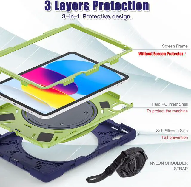 Alt view image 7 of 7 - Case for iPad 10th Generation 2022 10.9 Inch Model A2696 A2757 A2777, Rugged Heavy Duty Shockproo cover with Pencil Holder/360 Degree Kickstand/Hand Grip/Shoulder Strap