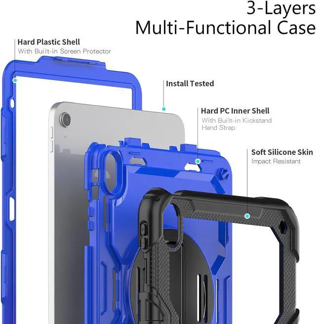 Alt view image 6 of 7 - iPad 10th Generation Case 10.9 inch 2022 Case Heavy Duty Shockproof Rugged Protective Cover with Screen Protector Pencil Holder, Kickstand, Hand/Shoulder Strap Blue