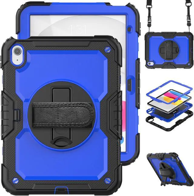 Main image of iPad 10th Generation Case 10.9 inch 2022 Case Heavy Duty Shockproof Rugged Protective Cover with Screen Protector Pencil Holder, Kickstand, Hand/Shoulder Strap Blue
