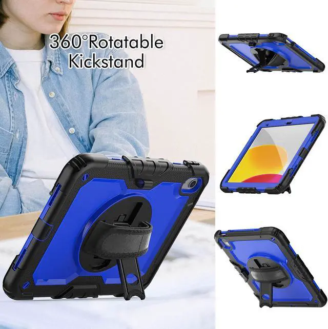 Alt view image 4 of 7 - iPad 10th Generation Case 10.9 inch 2022 Case Heavy Duty Shockproof Rugged Protective Cover with Screen Protector Pencil Holder, Kickstand, Hand/Shoulder Strap Blue