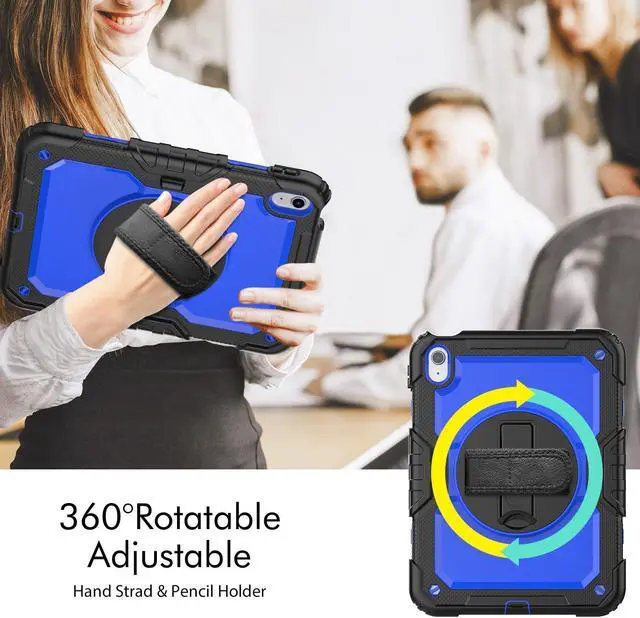Alt view image 2 of 7 - iPad 10th Generation Case 10.9 inch 2022 Case Heavy Duty Shockproof Rugged Protective Cover with Screen Protector Pencil Holder, Kickstand, Hand/Shoulder Strap Blue