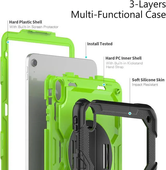 Alt view image 5 of 7 - iPad 10th Generation Case 10.9 inch 2022 Case Heavy Duty Shockproof Rugged Protective Cover with Screen Protector Pencil Holder, Kickstand, Hand/Shoulder Strap Green