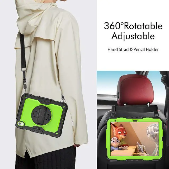 Alt view image 4 of 7 - iPad 10th Generation Case 10.9 inch 2022 Case Heavy Duty Shockproof Rugged Protective Cover with Screen Protector Pencil Holder, Kickstand, Hand/Shoulder Strap Green