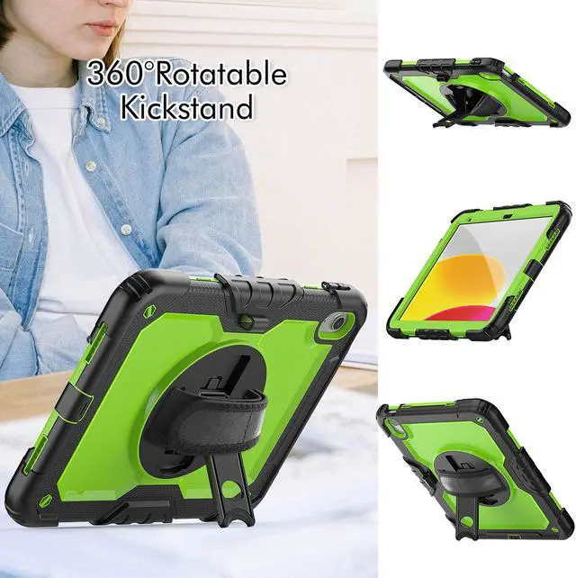 Alt view image 3 of 7 - iPad 10th Generation Case 10.9 inch 2022 Case Heavy Duty Shockproof Rugged Protective Cover with Screen Protector Pencil Holder, Kickstand, Hand/Shoulder Strap Green
