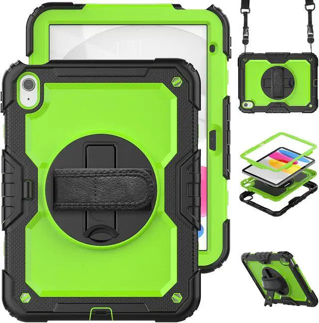 Main image of iPad 10th Generation Case 10.9 inch 2022 Case Heavy Duty Shockproof Rugged Protective Cover with Screen Protector Pencil Holder, Kickstand, Hand/Shoulder Strap Green