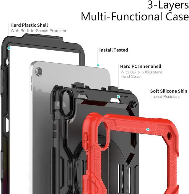 Alt view image 5 of 7 - iPad 10th Generation Case 10.9 inch 2022 Case Heavy Duty Shockproof Rugged Protective Cover with Screen Protector Pencil Holder, Kickstand, Hand/Shoulder Strap Red