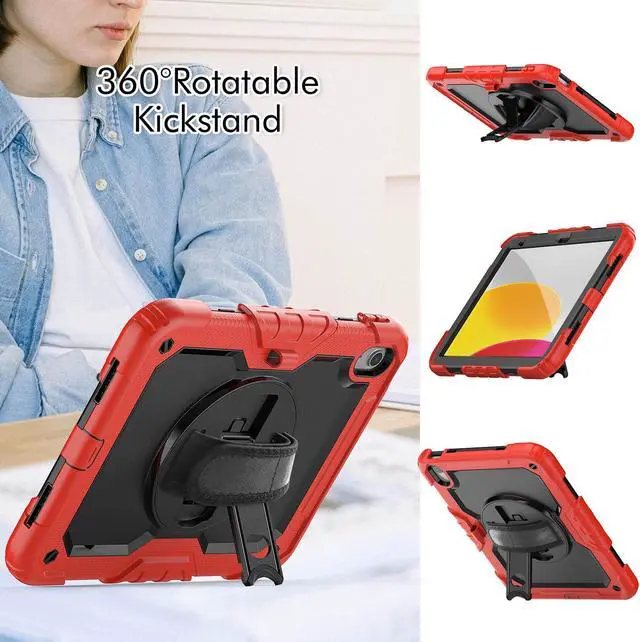 Alt view image 3 of 7 - iPad 10th Generation Case 10.9 inch 2022 Case Heavy Duty Shockproof Rugged Protective Cover with Screen Protector Pencil Holder, Kickstand, Hand/Shoulder Strap Red