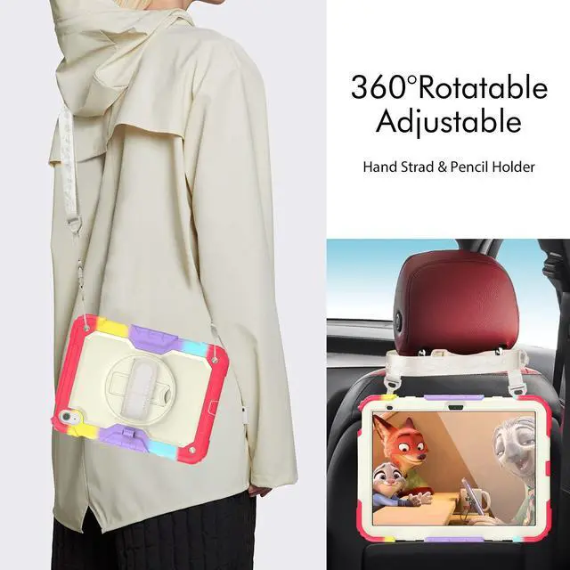 Alt view image 4 of 7 - iPad 10th Generation Case 10.9 inch 2022 Case Heavy Duty Shockproof Rugged Protective Cover with Screen Protector Pencil Holder, Kickstand, Hand/Shoulder Strap Rainbow Red