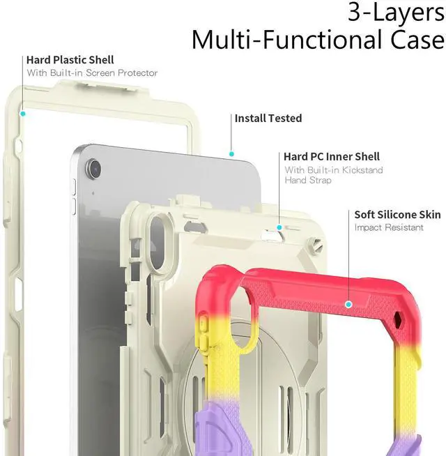 Alt view image 5 of 7 - iPad 10th Generation Case 10.9 inch 2022 Case Heavy Duty Shockproof Rugged Protective Cover with Screen Protector Pencil Holder, Kickstand, Hand/Shoulder Strap Rainbow Red