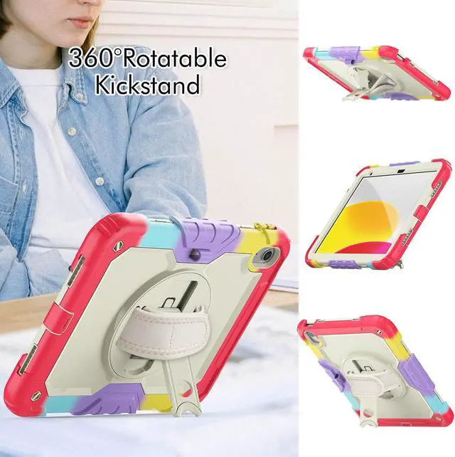 Alt view image 3 of 7 - iPad 10th Generation Case 10.9 inch 2022 Case Heavy Duty Shockproof Rugged Protective Cover with Screen Protector Pencil Holder, Kickstand, Hand/Shoulder Strap Rainbow Red