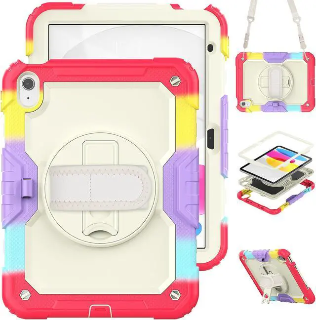 Main image of iPad 10th Generation Case 10.9 inch 2022 Case Heavy Duty Shockproof Rugged Protective Cover with Screen Protector Pencil Holder, Kickstand, Hand/Shoulder Strap Rainbow Red