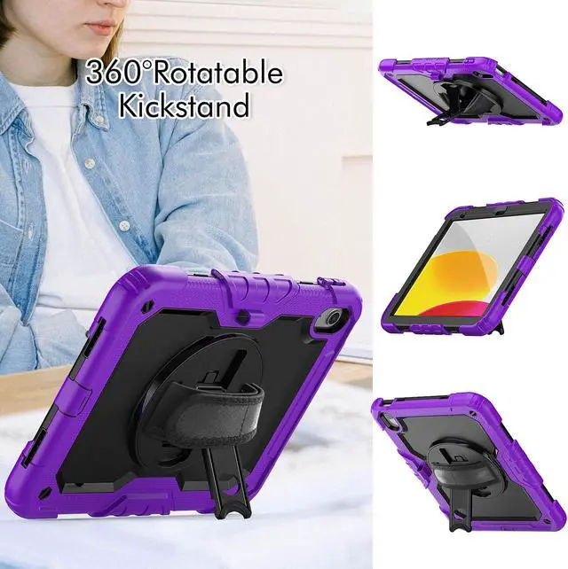 Alt view image 3 of 7 - iPad 10th Generation Case 10.9 inch 2022 Case Heavy Duty Shockproof Rugged Protective Cover with Screen Protector Pencil Holder, Kickstand, Hand/Shoulder Strap Purple