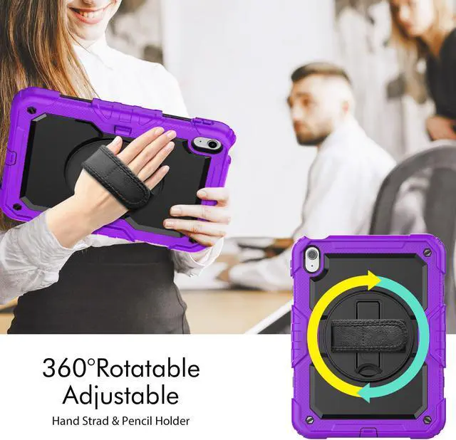 Alt view image 2 of 7 - iPad 10th Generation Case 10.9 inch 2022 Case Heavy Duty Shockproof Rugged Protective Cover with Screen Protector Pencil Holder, Kickstand, Hand/Shoulder Strap Purple