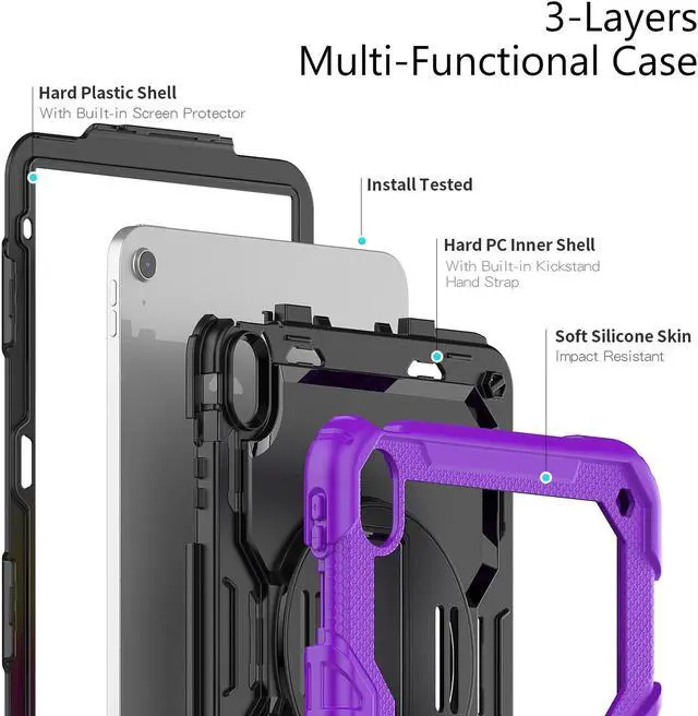 Alt view image 5 of 7 - iPad 10th Generation Case 10.9 inch 2022 Case Heavy Duty Shockproof Rugged Protective Cover with Screen Protector Pencil Holder, Kickstand, Hand/Shoulder Strap Purple
