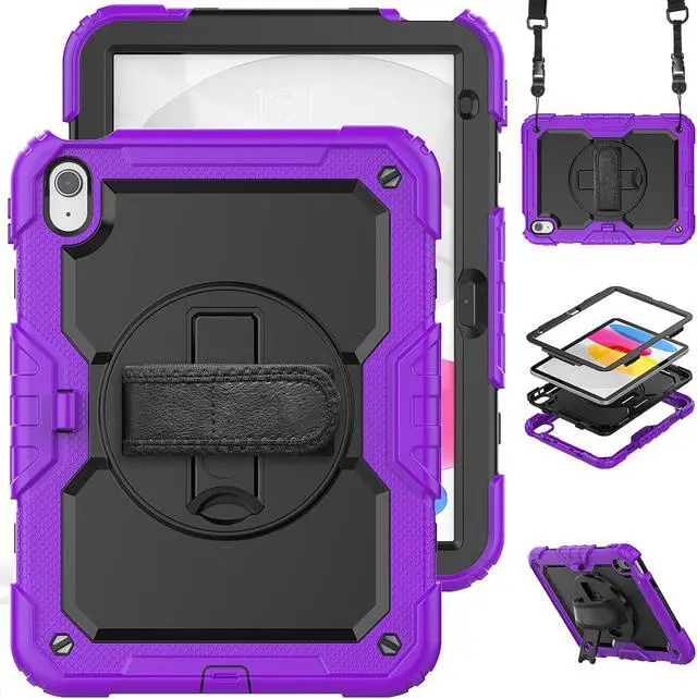 Main image of iPad 10th Generation Case 10.9 inch 2022 Case Heavy Duty Shockproof Rugged Protective Cover with Screen Protector Pencil Holder, Kickstand, Hand/Shoulder Strap Purple