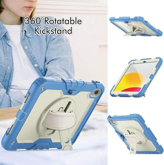 Alt view image 3 of 7 - iPad 10th Generation Case 10.9 inch 2022 Case Heavy Duty Shockproof Rugged Protective Cover with Screen Protector Pencil Holder, Kickstand, Hand/Shoulder Strap Light Green