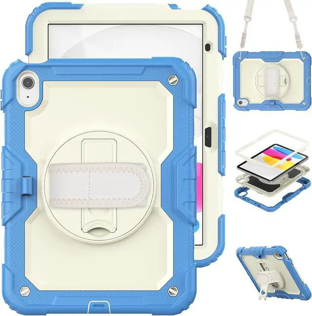 Main image of iPad 10th Generation Case 10.9 inch 2022 Case Heavy Duty Shockproof Rugged Protective Cover with Screen Protector Pencil Holder, Kickstand, Hand/Shoulder Strap Light Green
