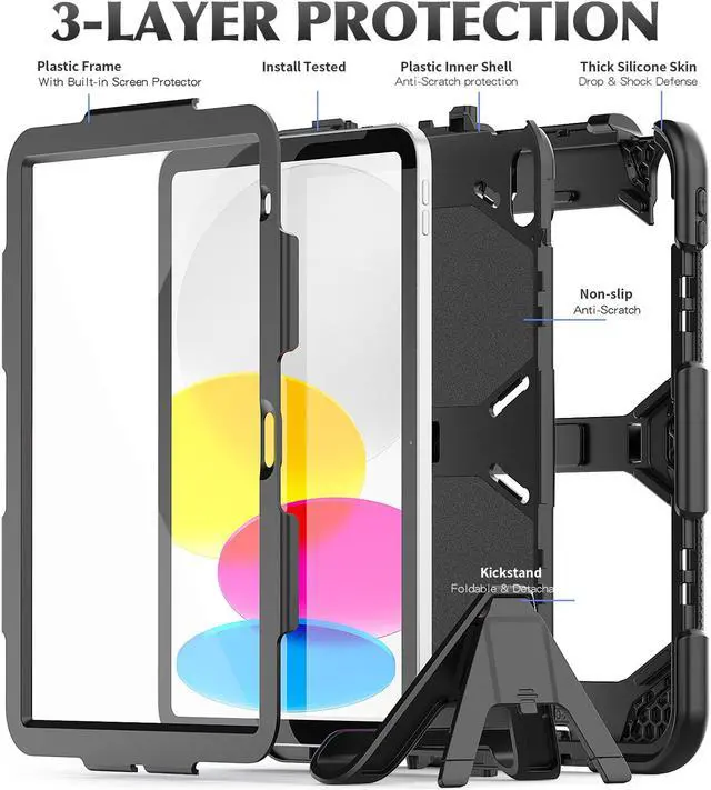 Alt view image 3 of 7 - Case for iPad 10th Generation 2022 10.9 Inch Model A2696 A2757 A2777, Heavy Duty Rugged Shockproof Protective cover with Pencil Holder, Kickstand