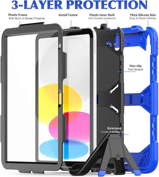 Alt view image 4 of 7 - Case for iPad 10th Generation 2022 10.9 Inch Model A2696 A2757 A2777, Heavy Duty Rugged Shockproof Protective cover with Pencil Holder, Kickstand Blue